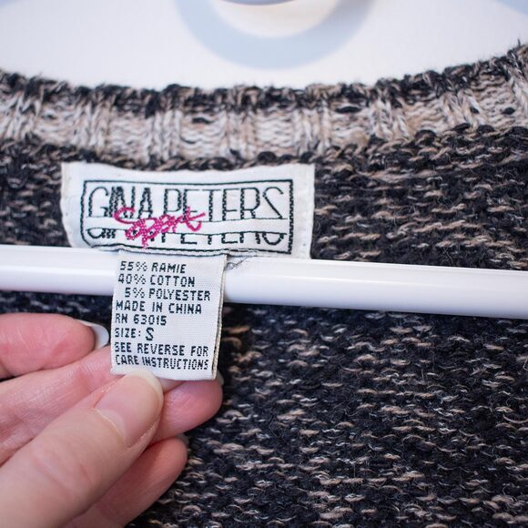 Geometric Knit Cardigan VTG S Gina Peters Sport Black Beige 80s Cozy Soft Summer - Picture 7 of 8